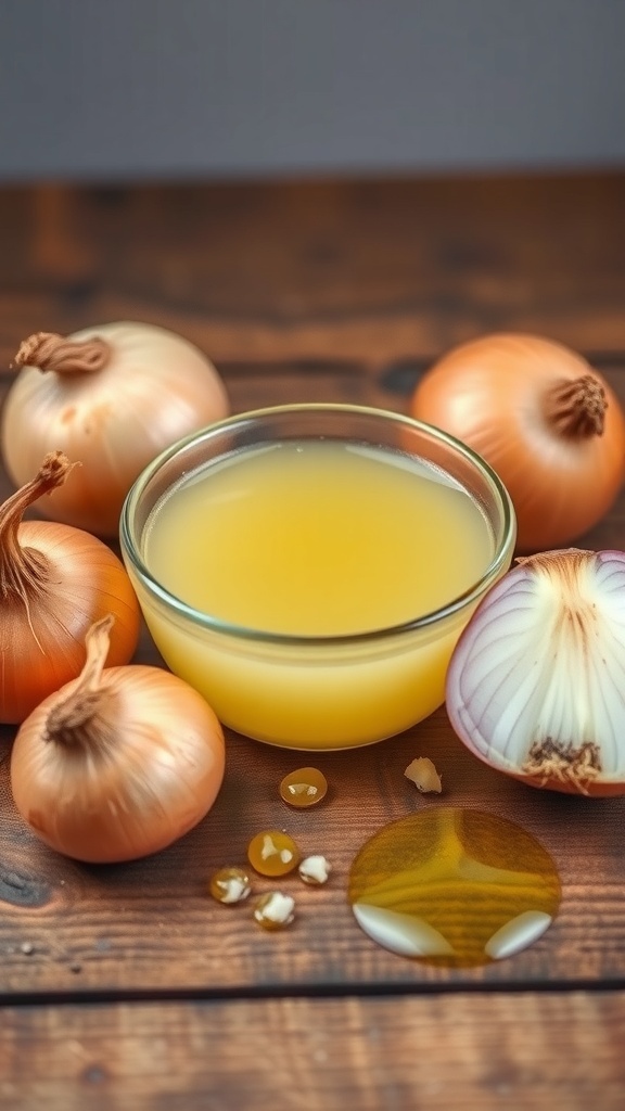 A bowl of onion juice with whole onions on a wooden countertop.